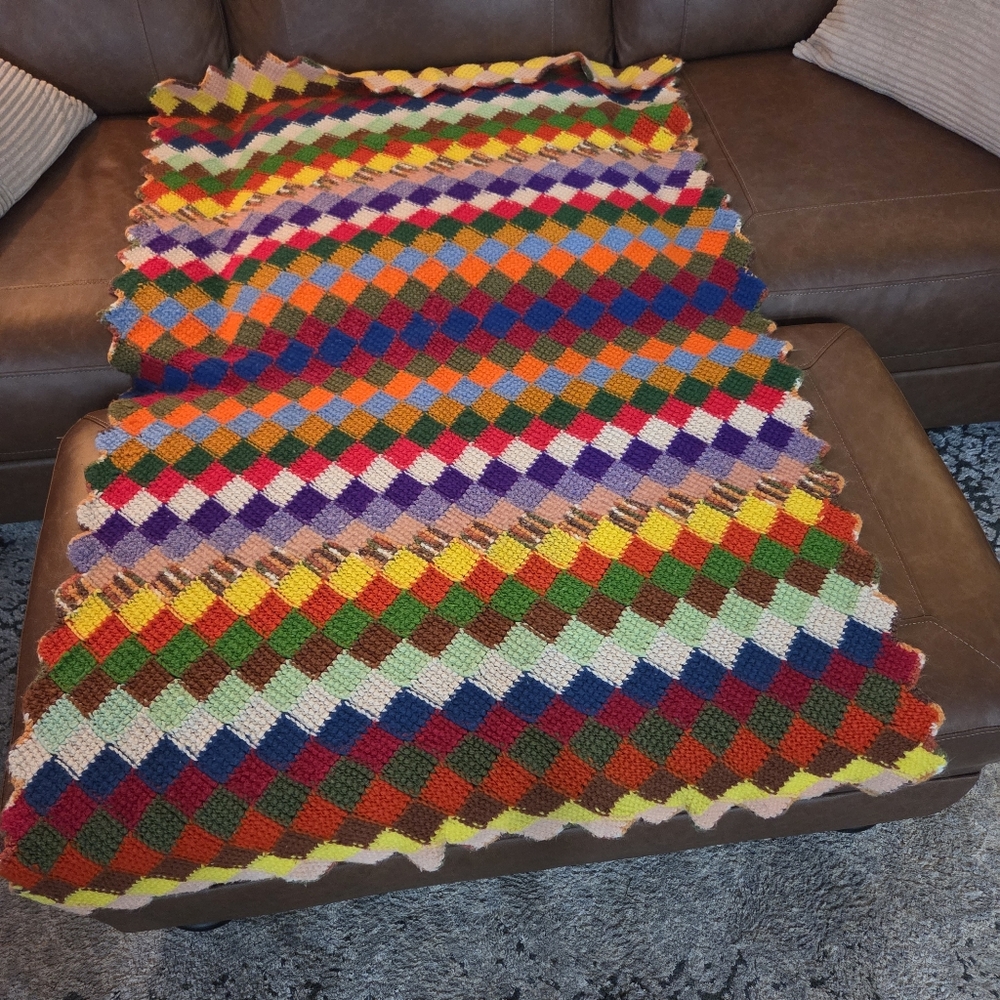Colorful Hand Crocheted Diamond Pattern Blanket Throw Afghan  35x56 - Picture 3 of 6